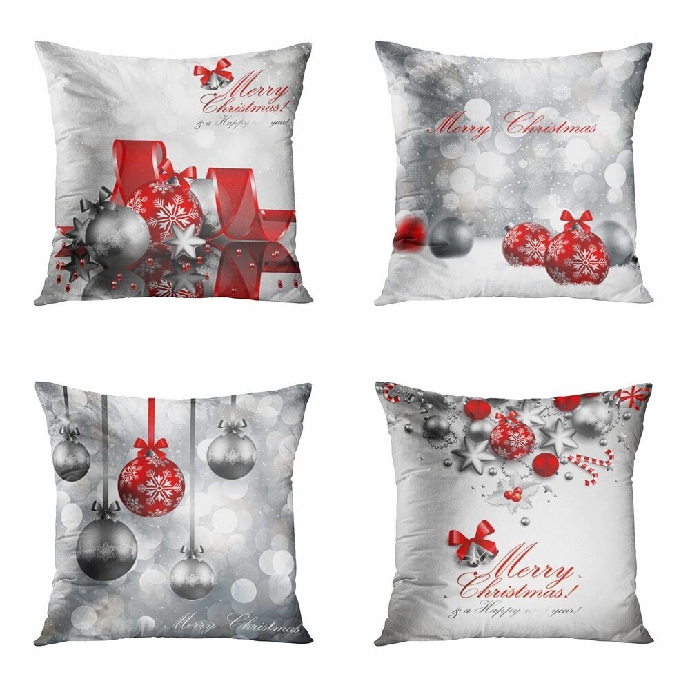 3074 Set of 4 Throw Pillow Cover 20x20 Inch Red and Silver Christmas Merry